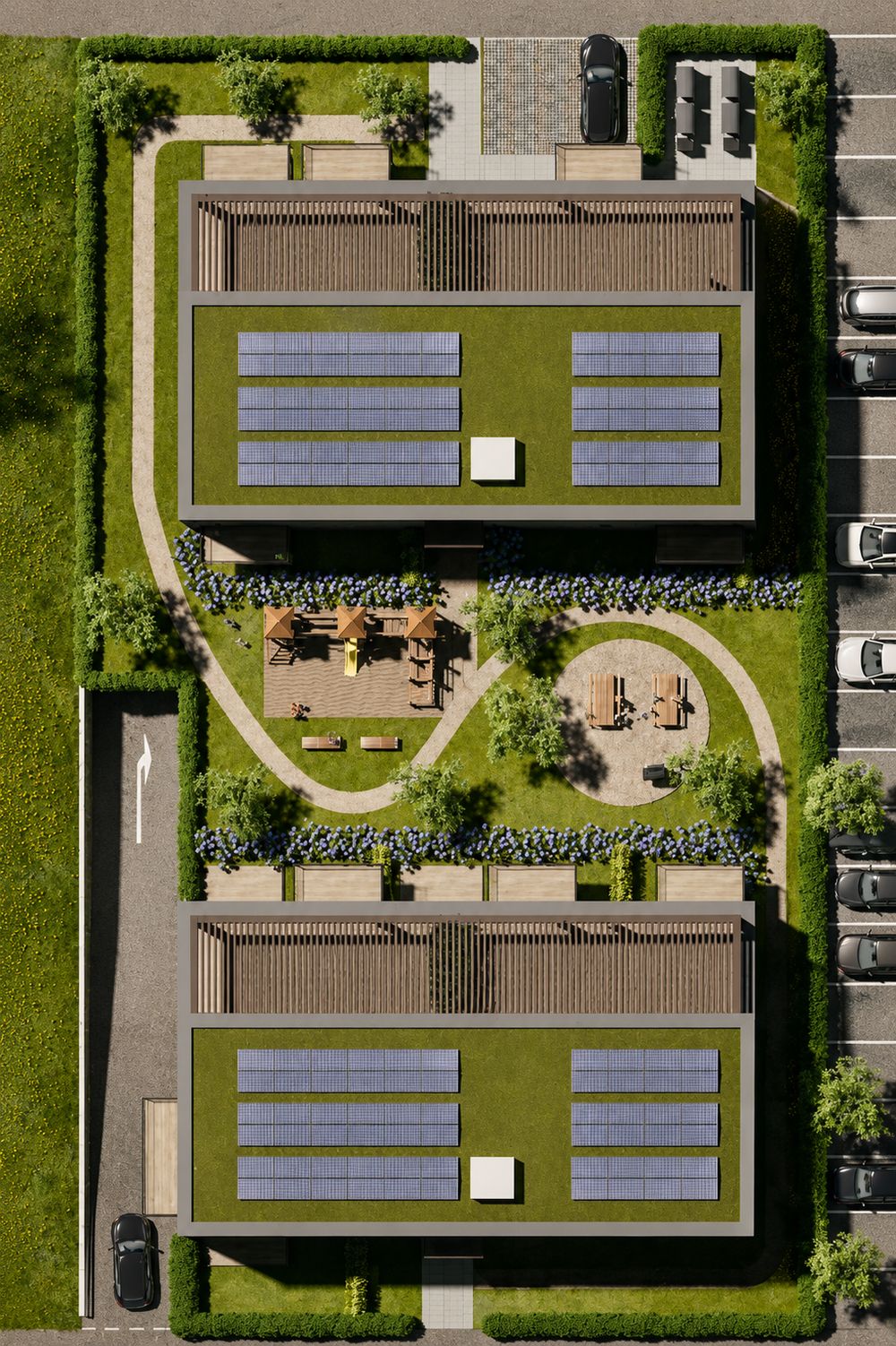 Lageplan: zwei Häuser mit Garten dazwischen, Photovoltaik auf beiden Dächern