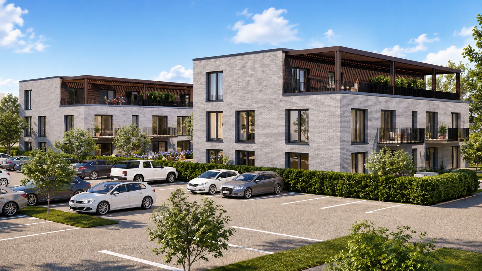 Straßenseite mit Stellplätzen